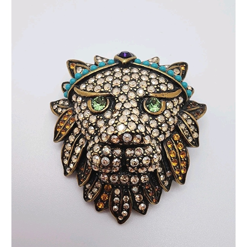Heidi Daus Bling of the Jungle Pave Crystal Lion Cat Pin Brooch EUC